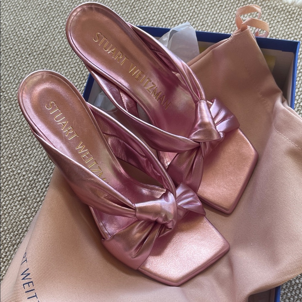 Stuart Weitzman Metallic Rose Pink Knot-Front Slide Mules